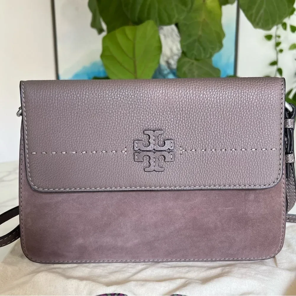 NWT Tory Burch McGraw Shoulder Crossbody Bag Mixed Leather Suede Silver Maple